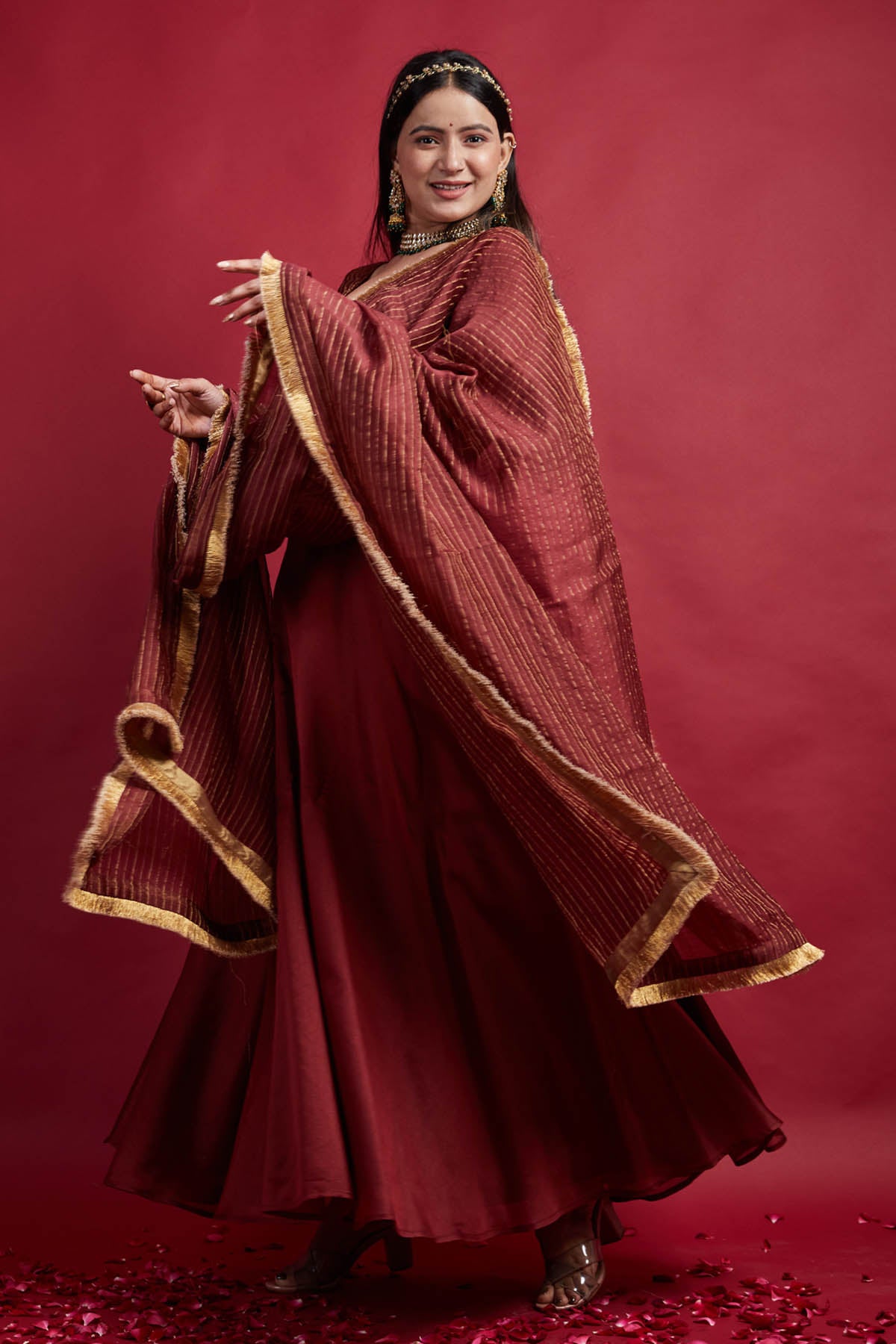 Maroon Chanderi Zari Striped Lehenga Set