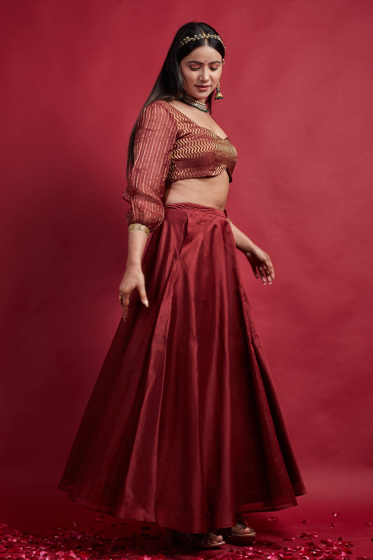 Maroon Chanderi Zari Striped Lehenga Set