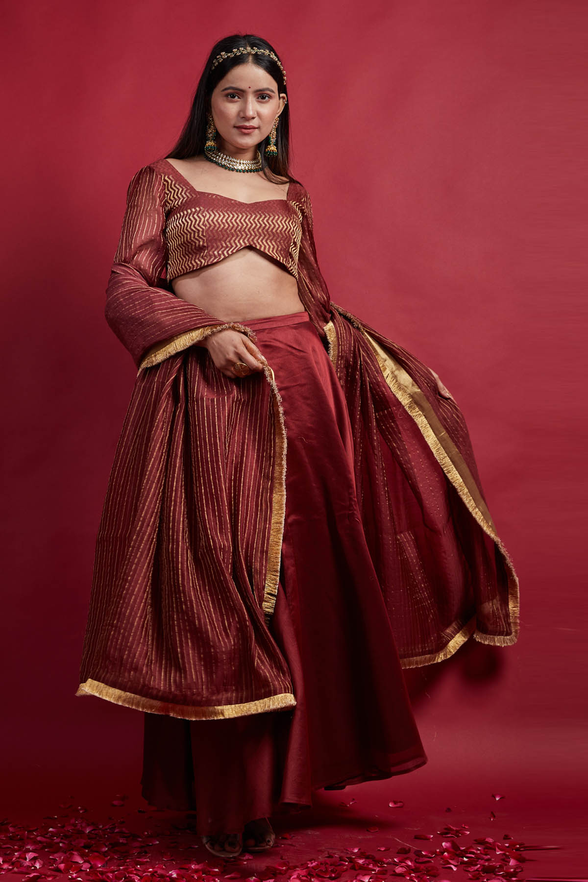 Maroon Chanderi Zari Striped Lehenga Set