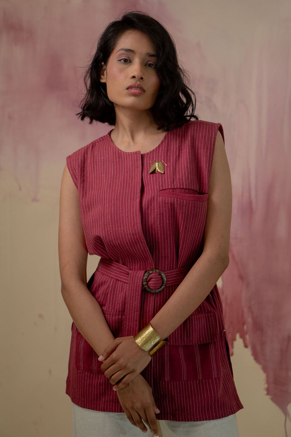 Maroon Cotton Belted Jacket