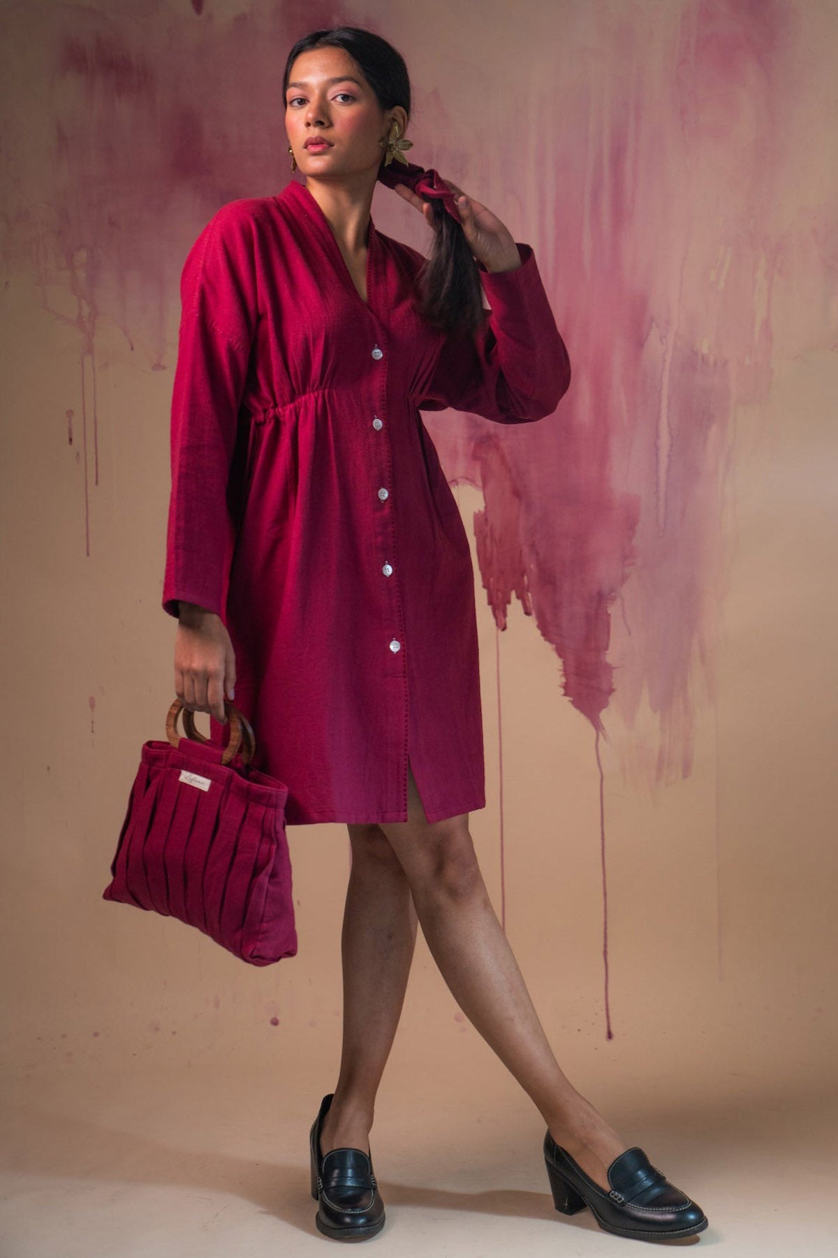 Maroon Cotton Cinched Dress