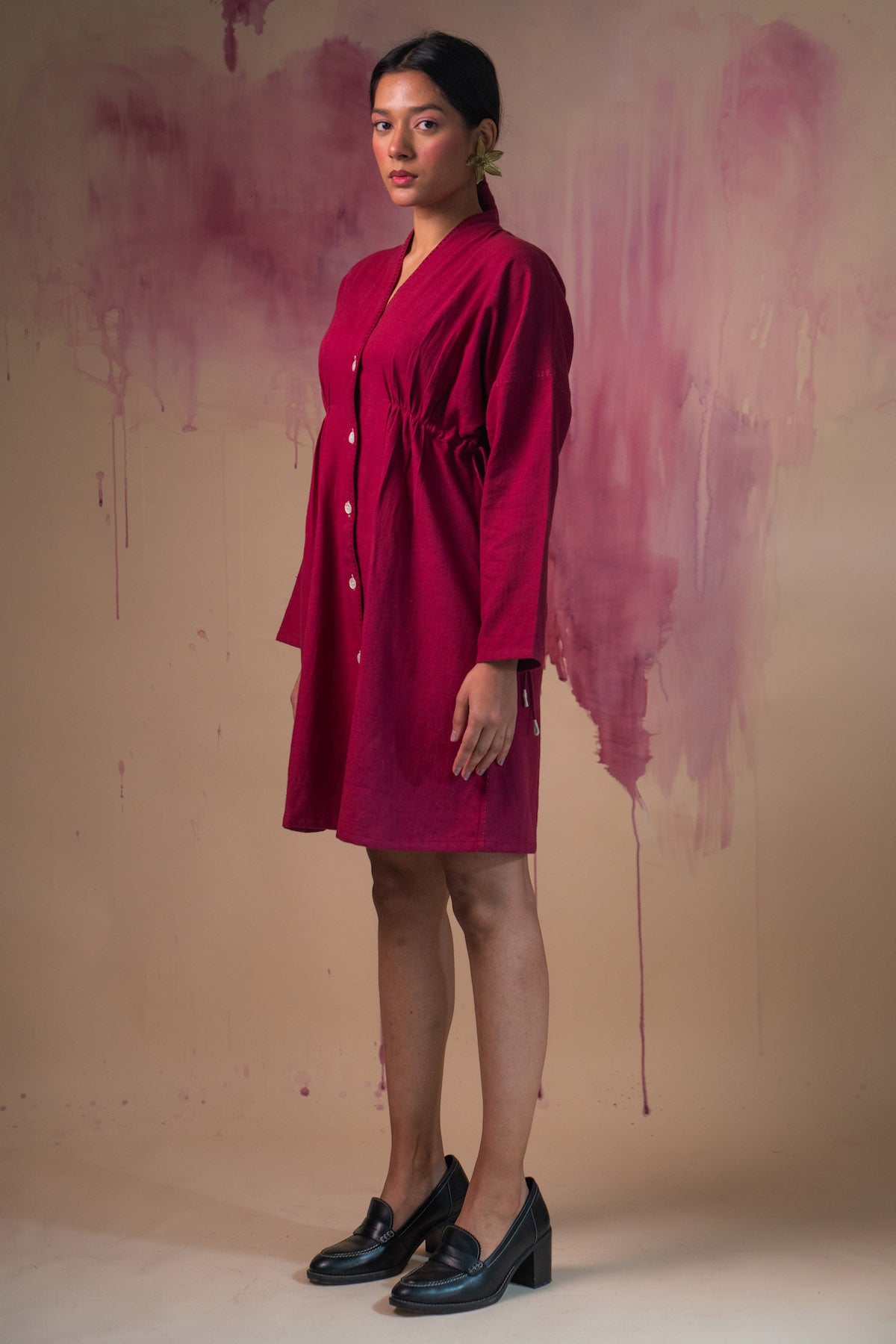 Maroon Cotton Cinched Dress