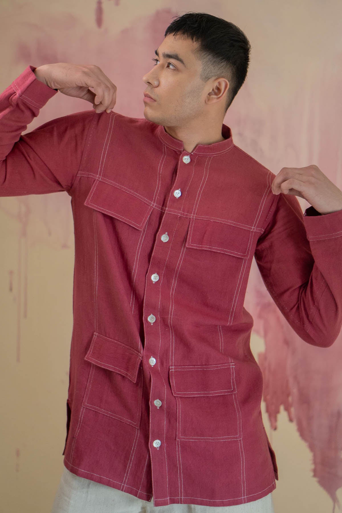 Maroon Cotton Panelled Shirt