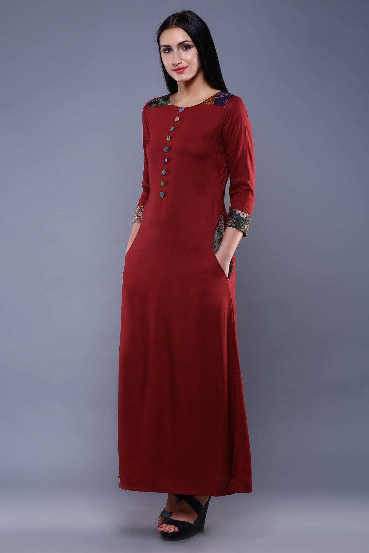Maroon Cotton Silk Pocket Dress