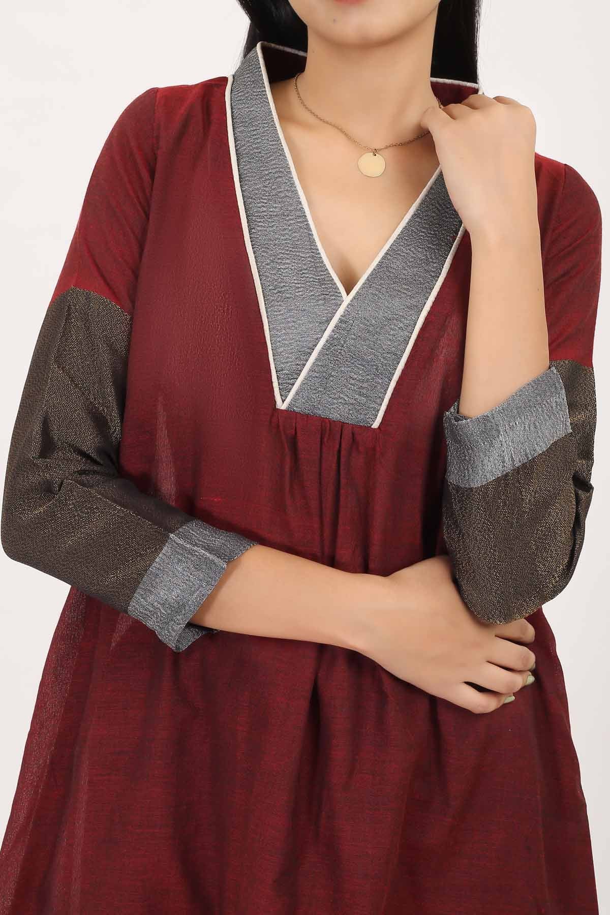 Maroon Cotton Zari Kurta Set
