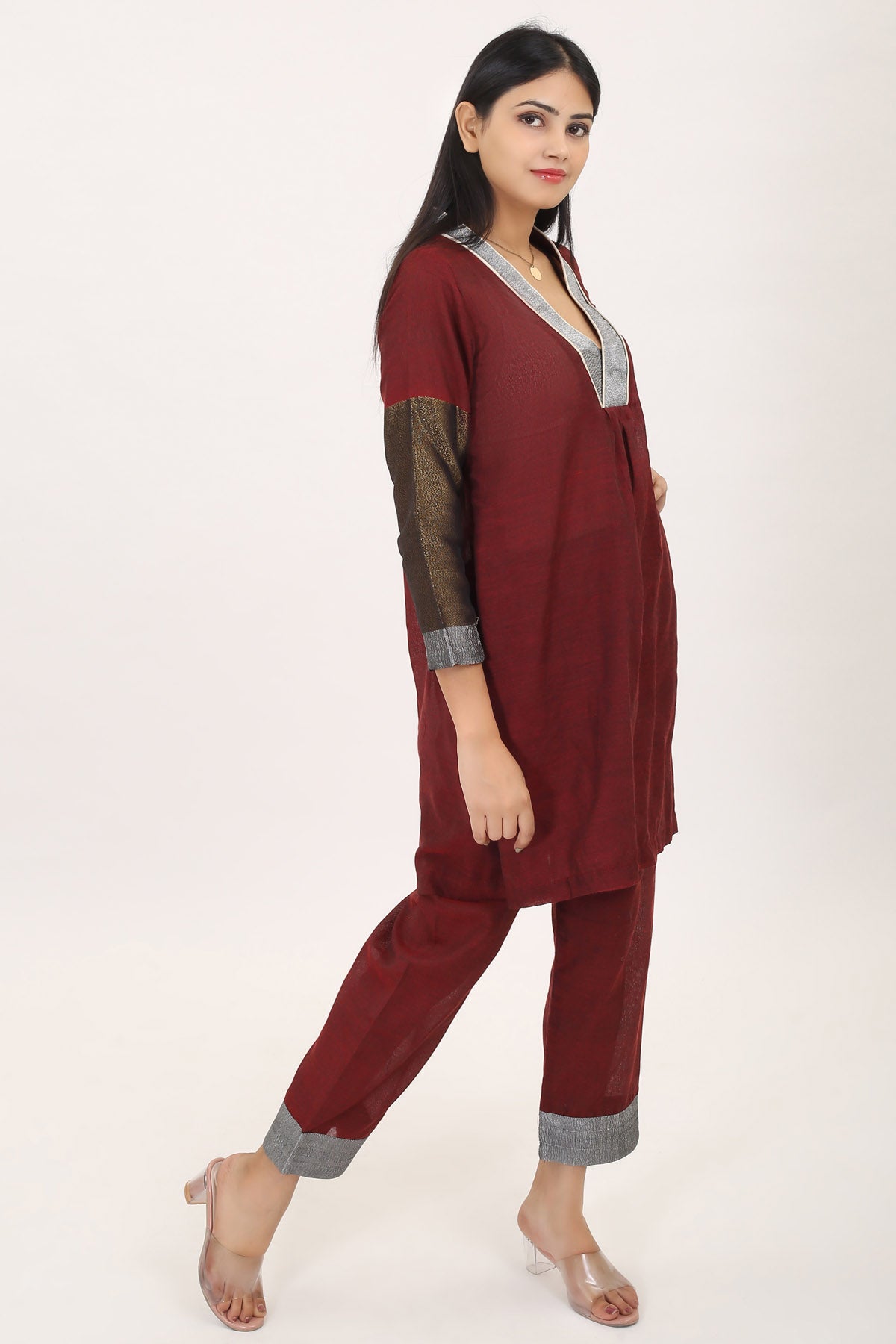 Maroon Cotton Zari Kurta Set