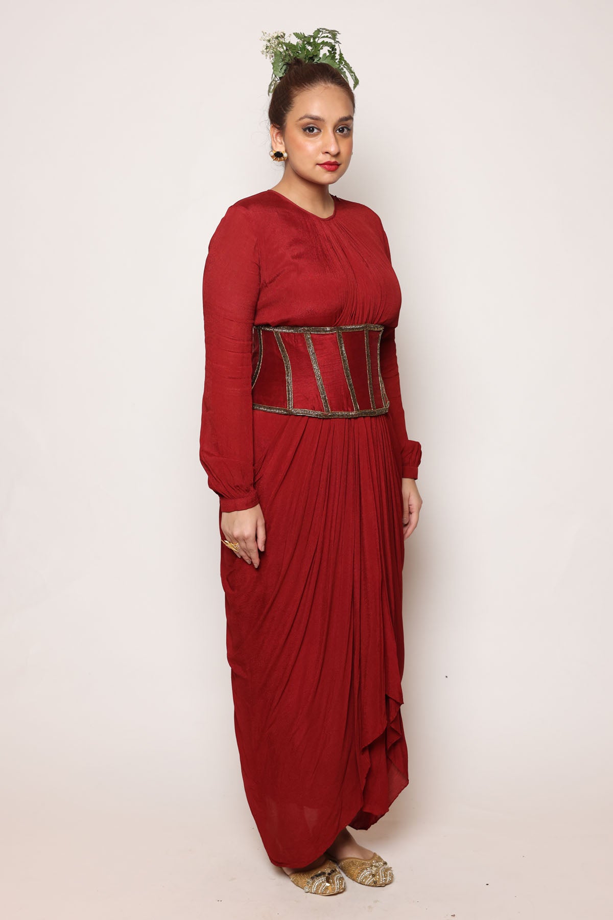Maroon Embroidered Drape Dress