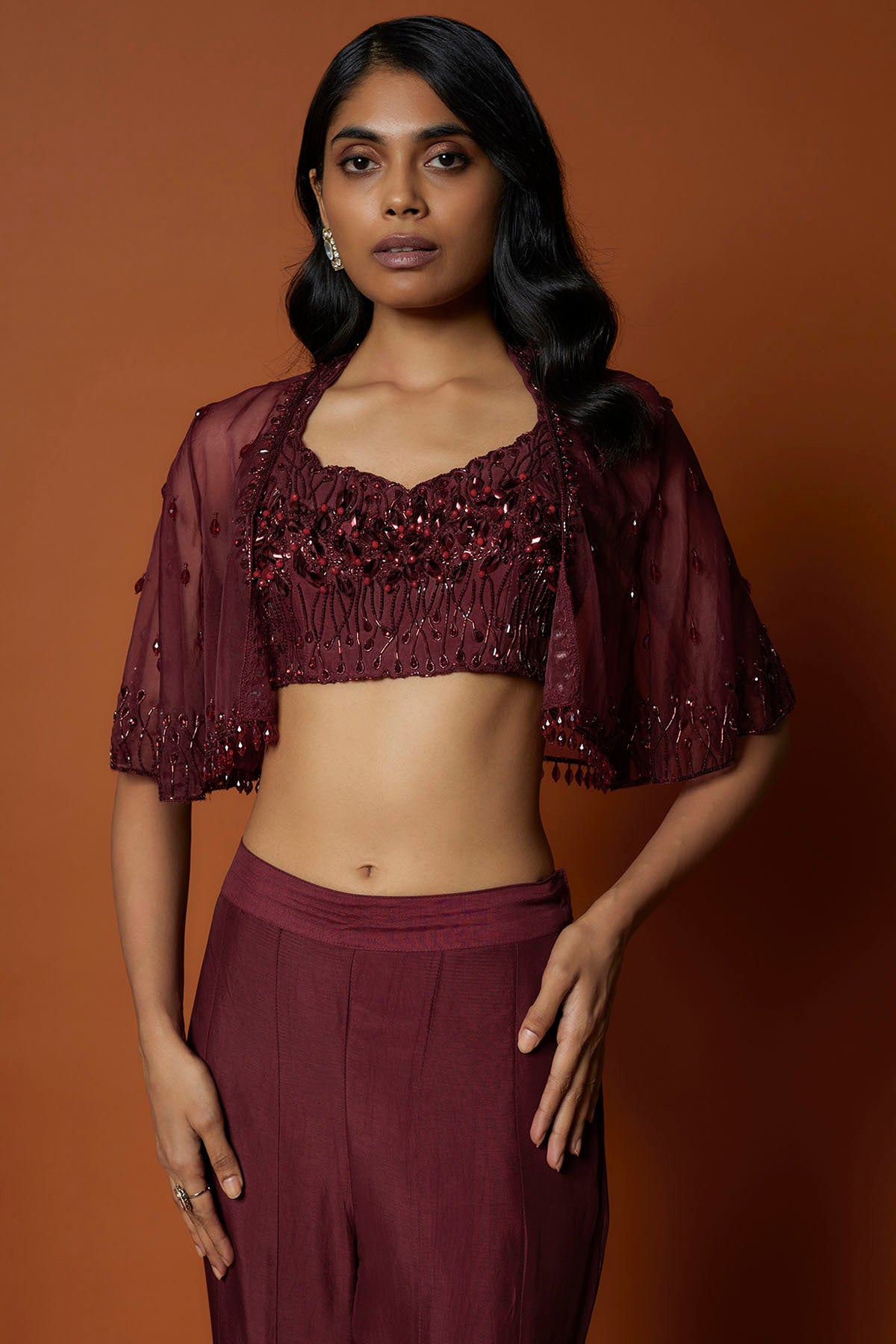 Maroon Embroidered Jacket Set