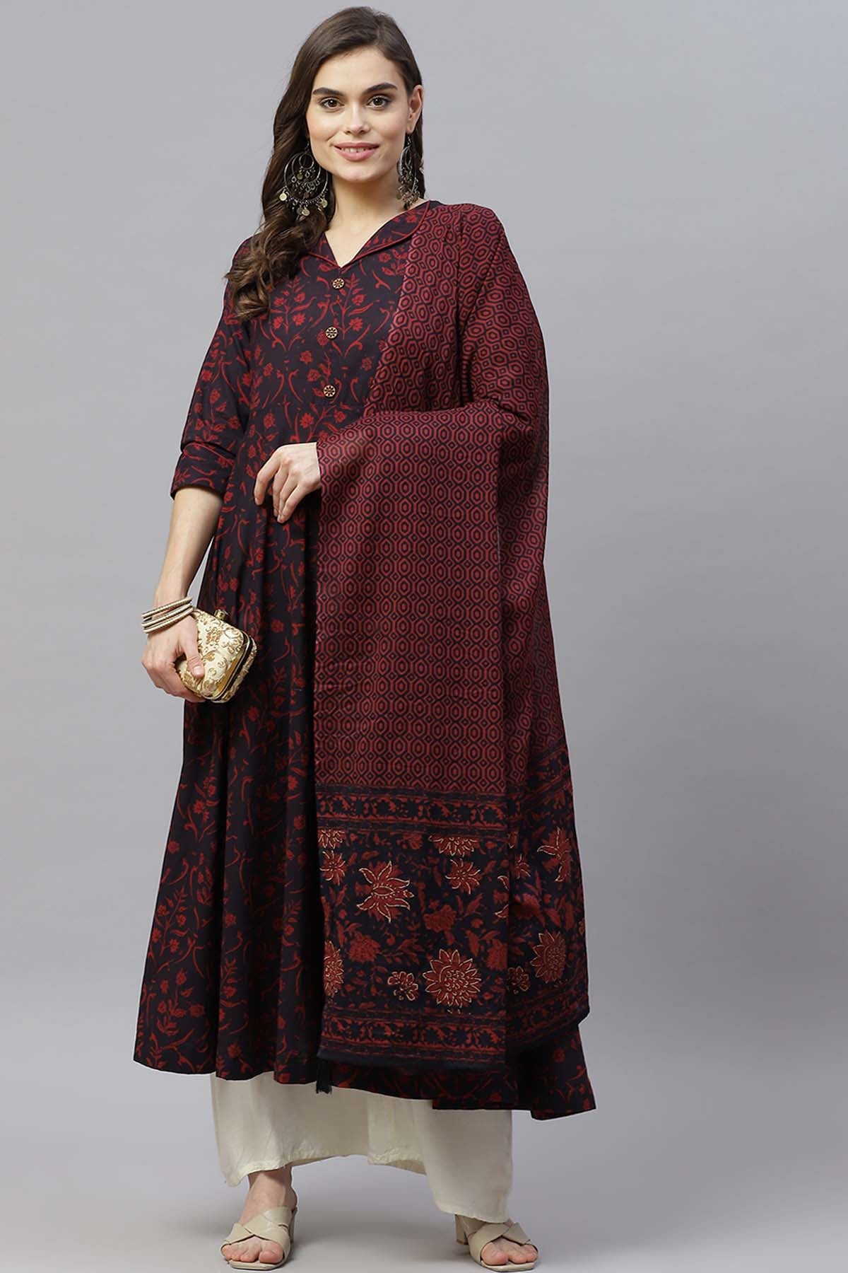 Maroon Floral Kurta With Dupatta