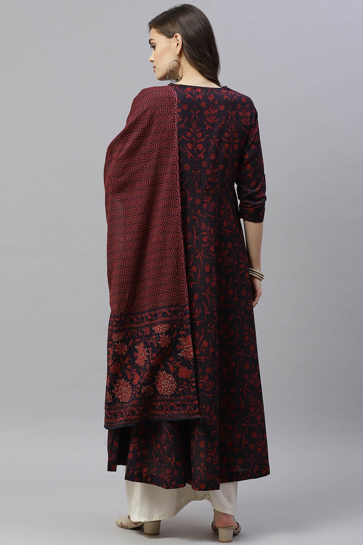 Maroon Floral Kurta With Dupatta