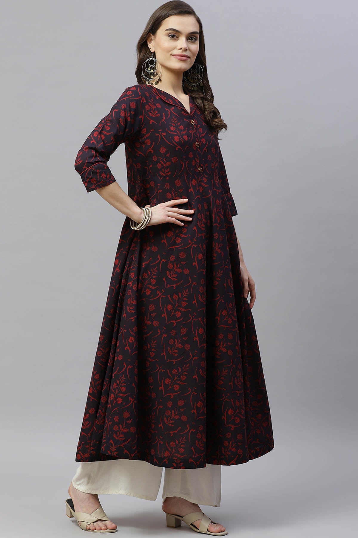 Maroon Floral Kurta With Dupatta