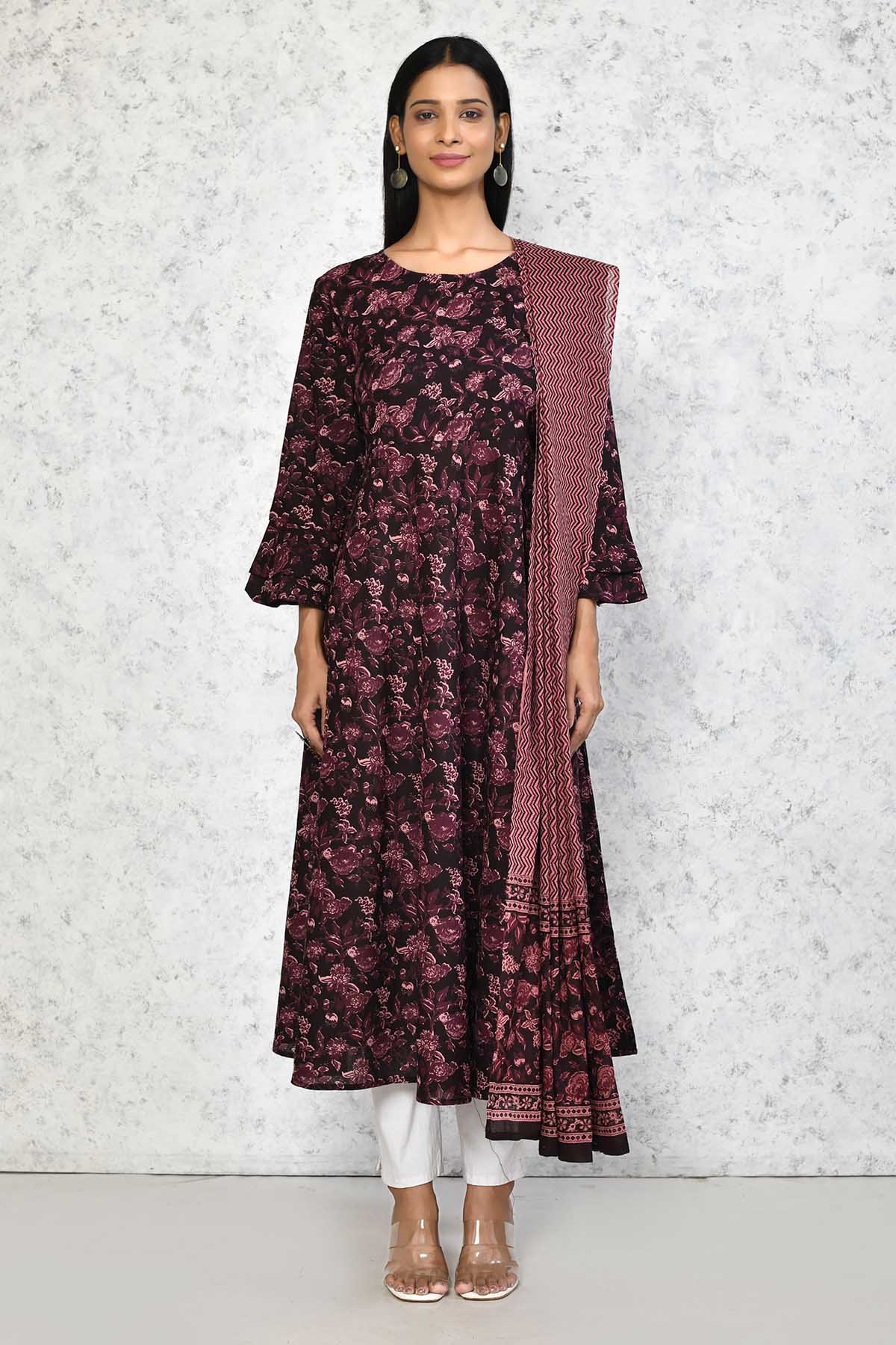 Maroon Floral Print Kurta & Dupatta