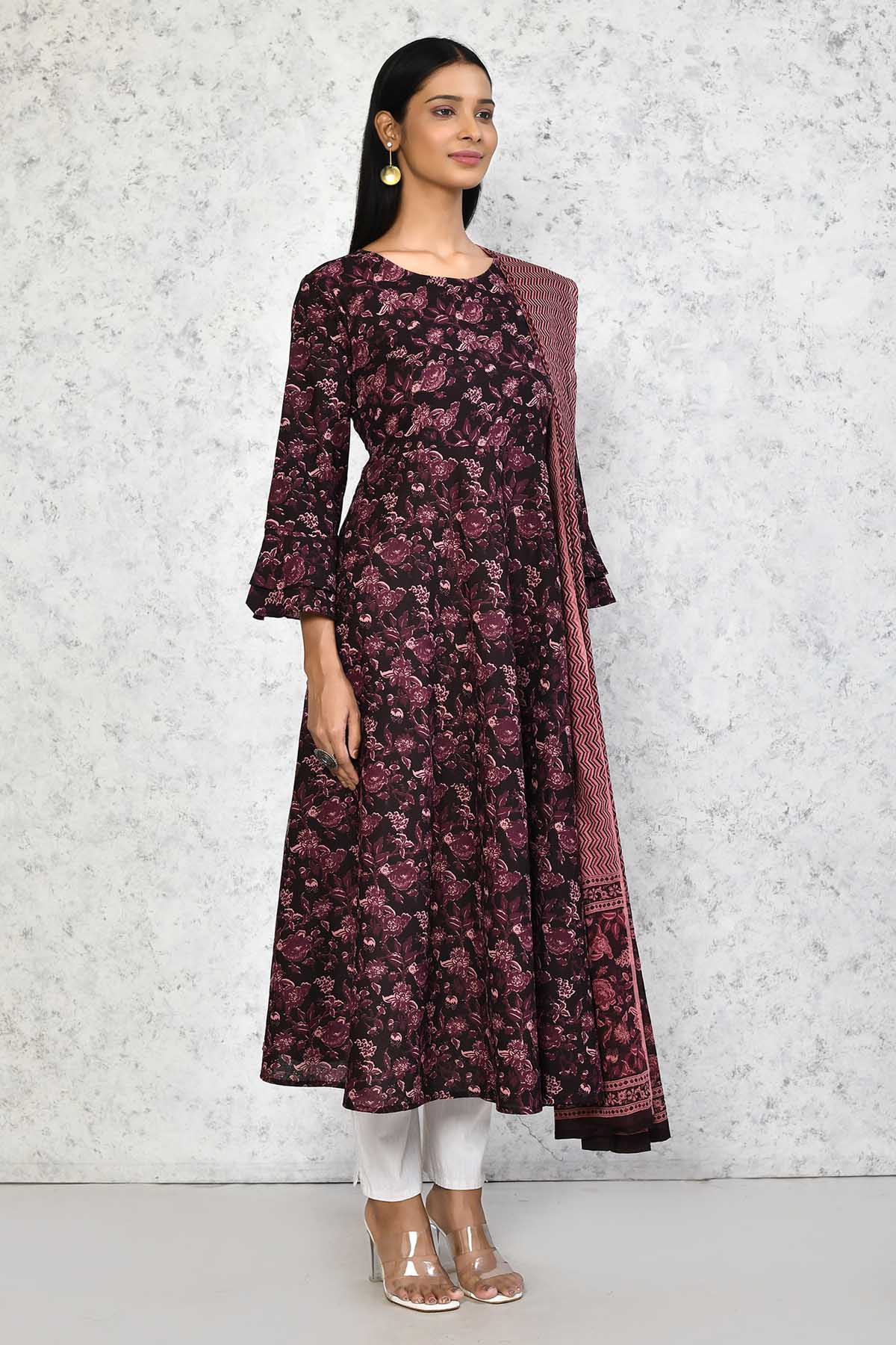 Maroon Floral Print Kurta & Dupatta