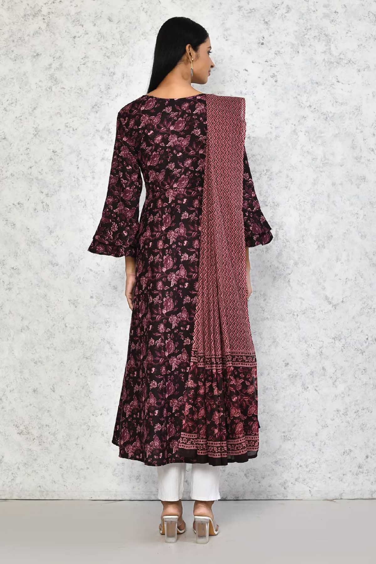 Maroon Floral Print Kurta & Dupatta