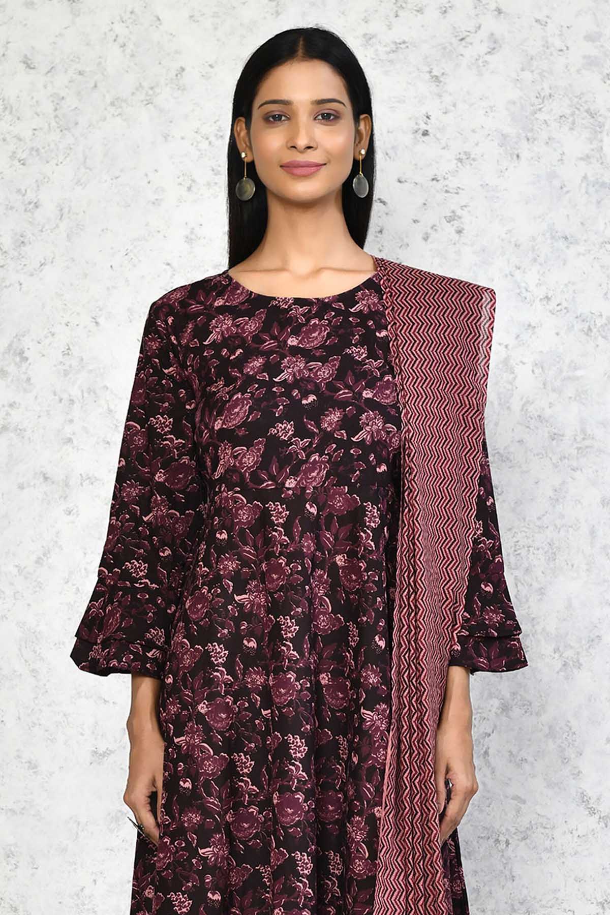 Maroon Floral Print Kurta & Dupatta
