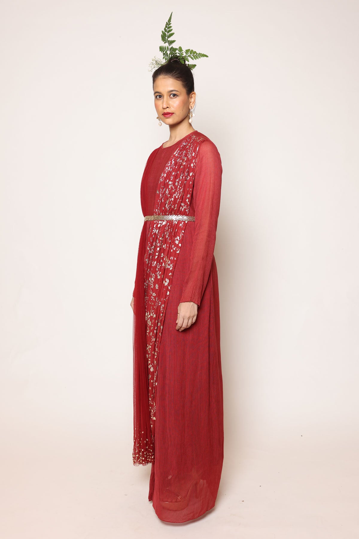 Maroon Foil Print Pre Drape Saree