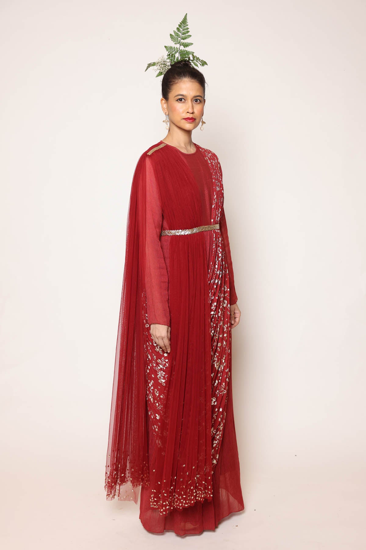 Maroon Foil Print Pre Drape Saree