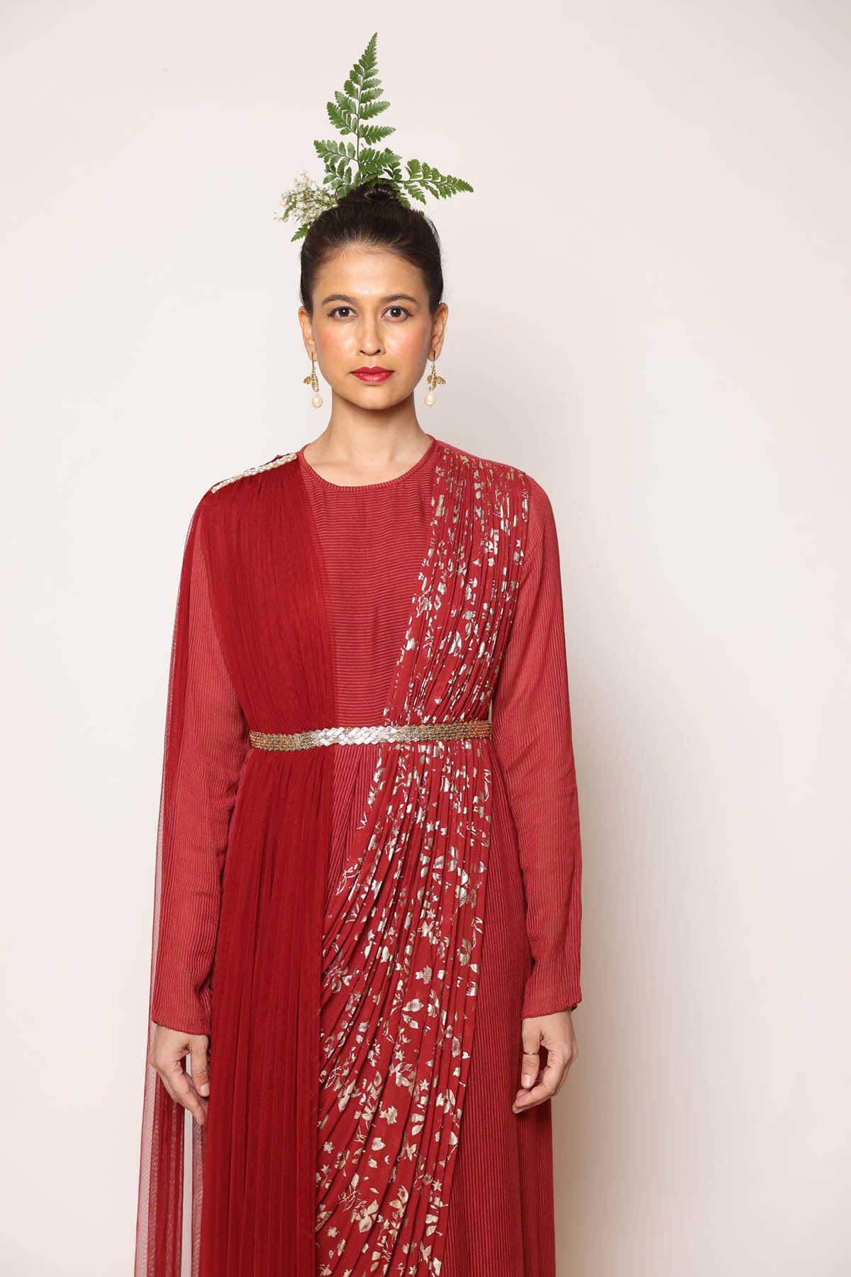 Maroon Foil Print Pre Drape Saree