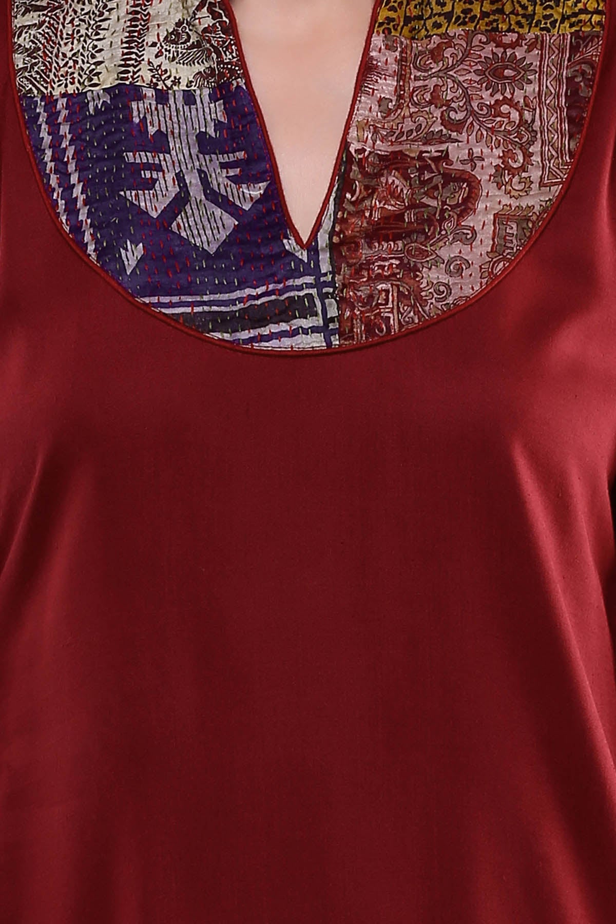 Maroon Kantha Cotton Silk Kurta