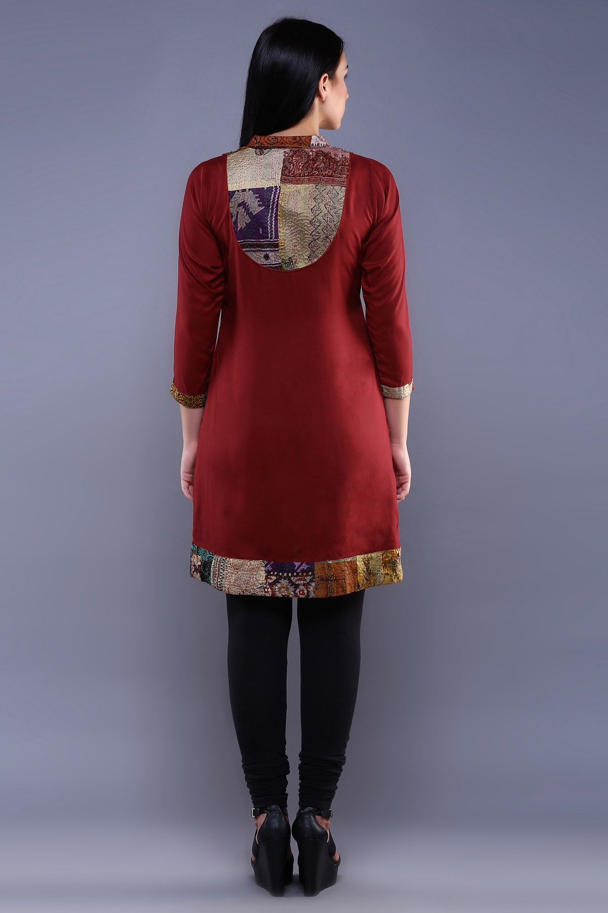 Maroon Kantha Cotton Silk Kurta