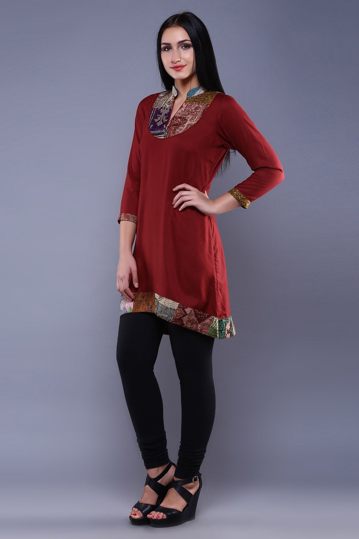 Maroon Kantha Cotton Silk Kurta