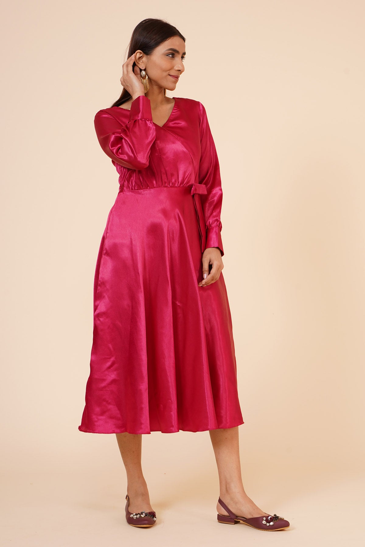 Maroon Ribbon Drape Dress