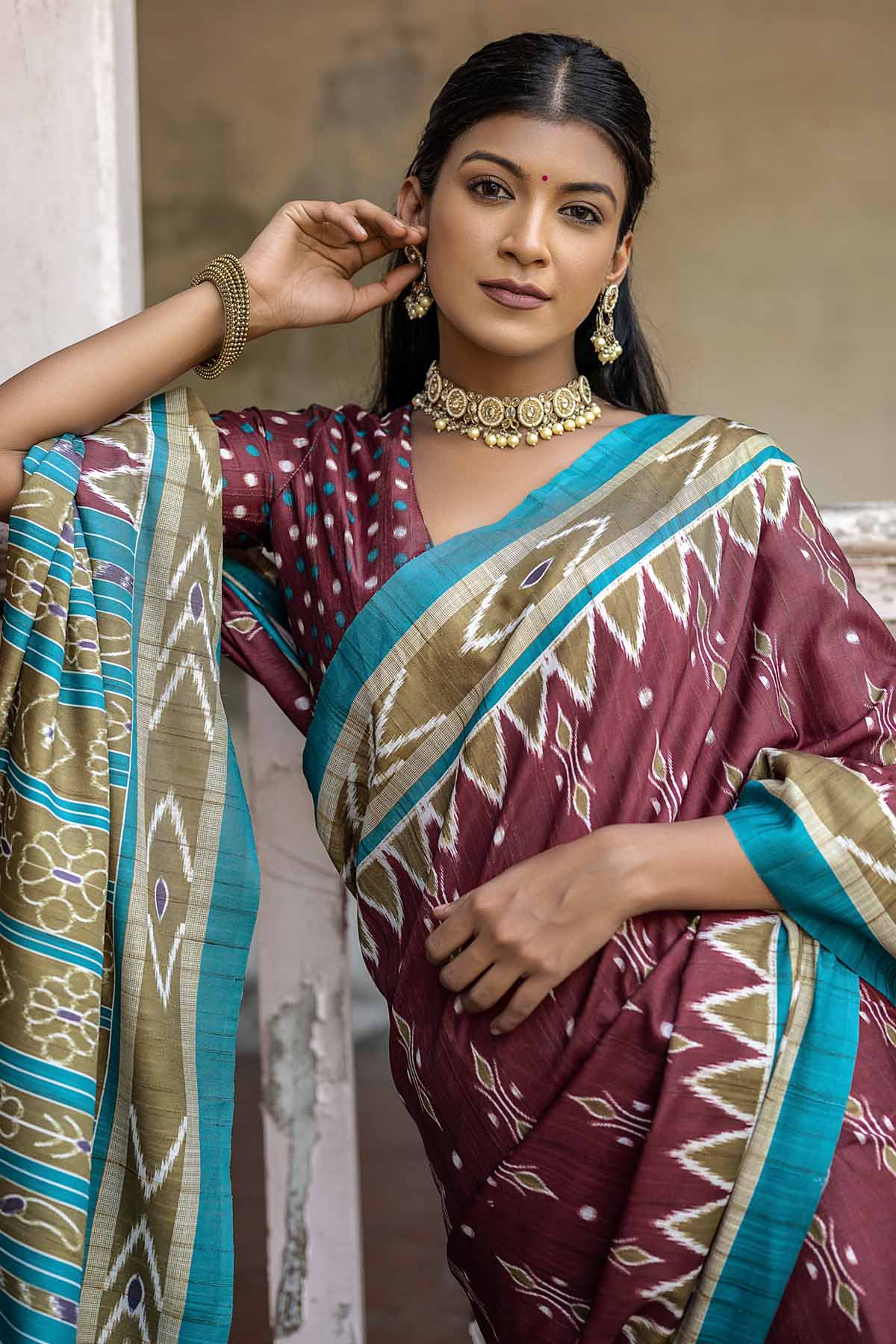 Maroon Temple Border Saree
