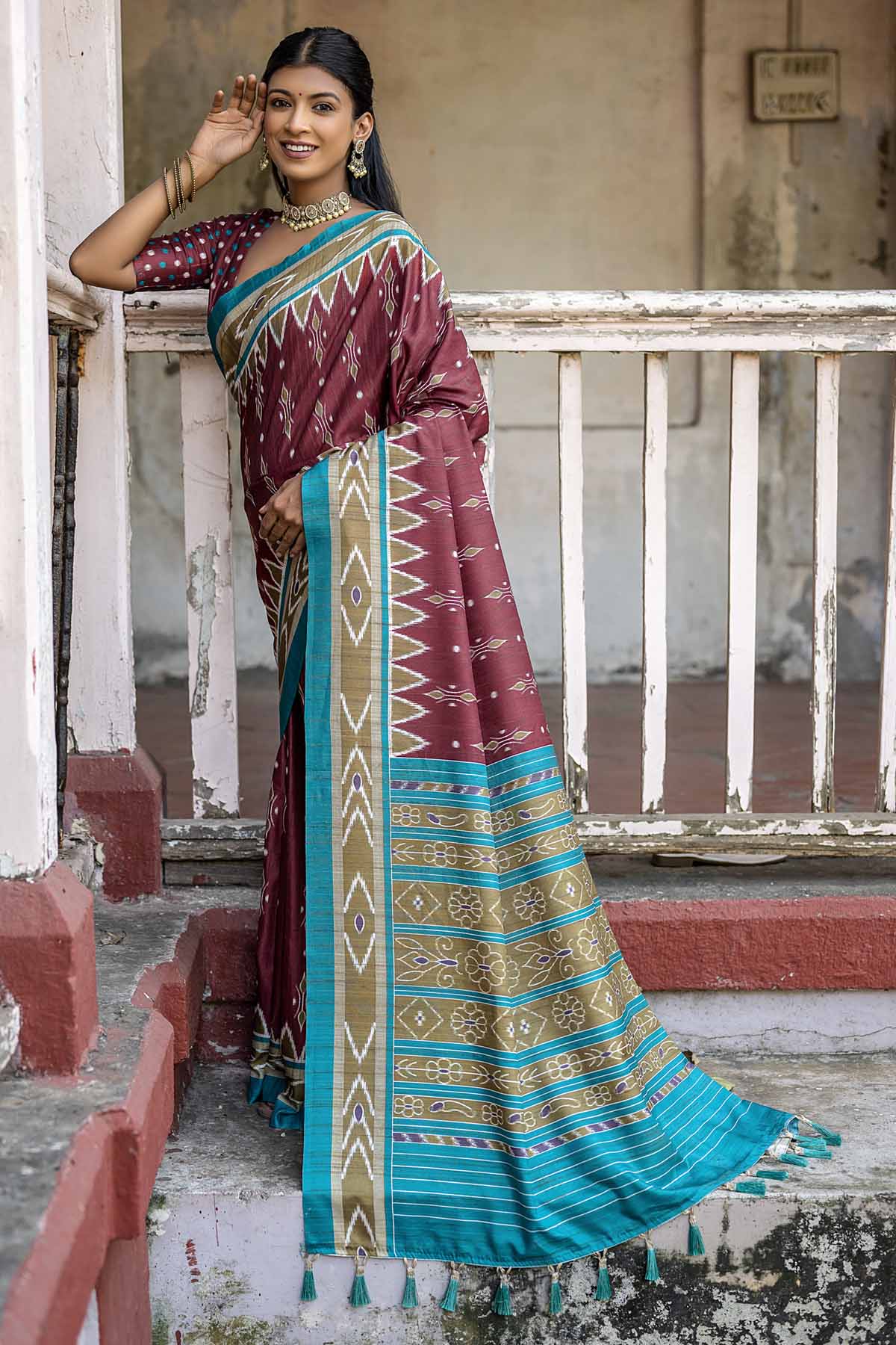 Maroon Temple Border Saree