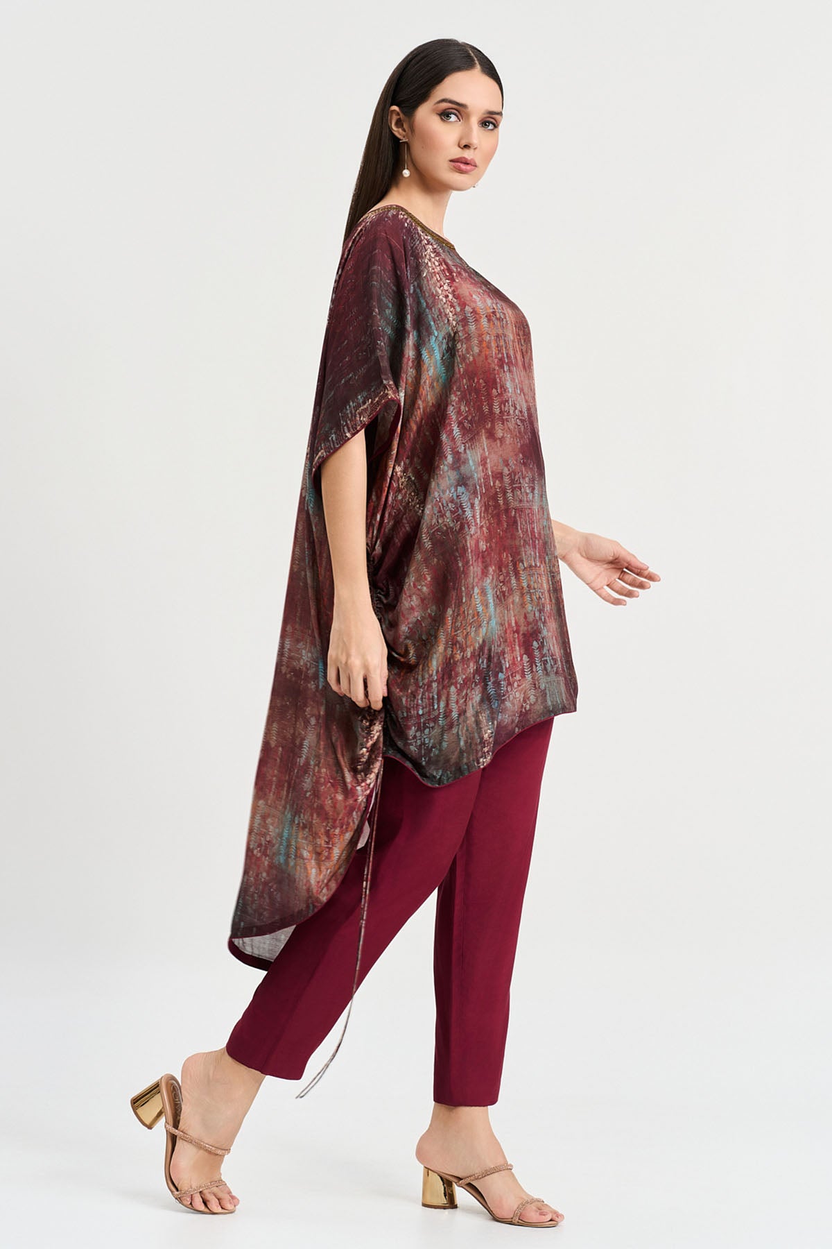 Maroon Abstract Print Kaftan Set