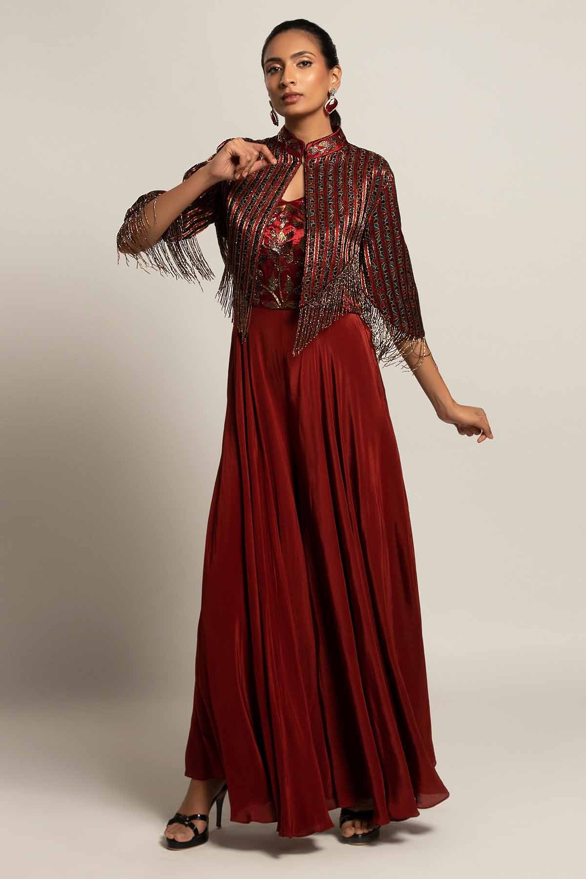 Maroon Ajrakh Jumpsuit & Jacket