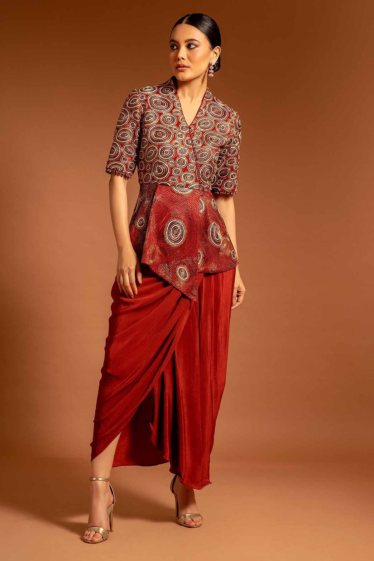 Buy Maroon Ajrakh Print Drape Dress by Sejal Kamdar at ScrollnShops