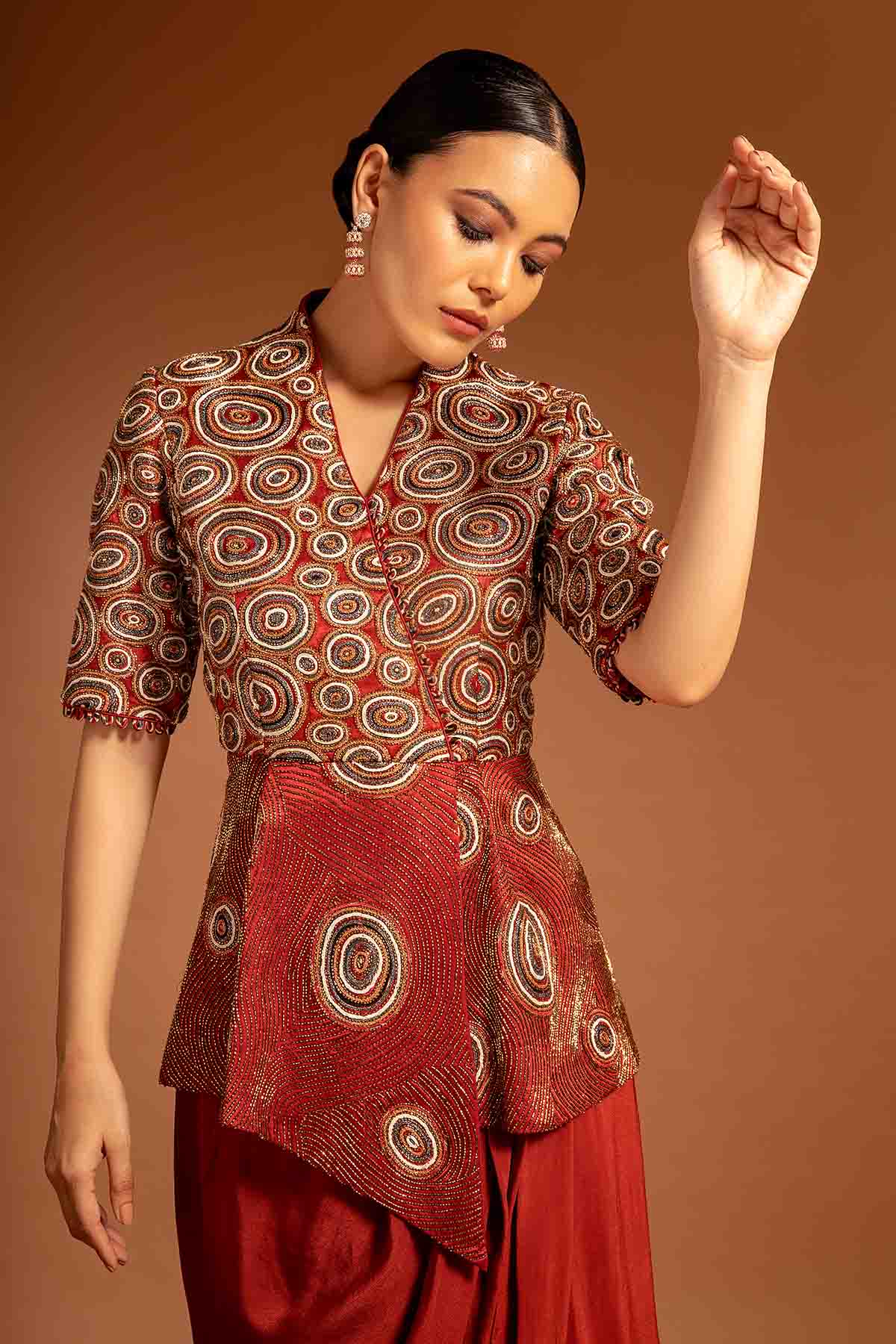 Maroon Ajrakh Print Drape Dress