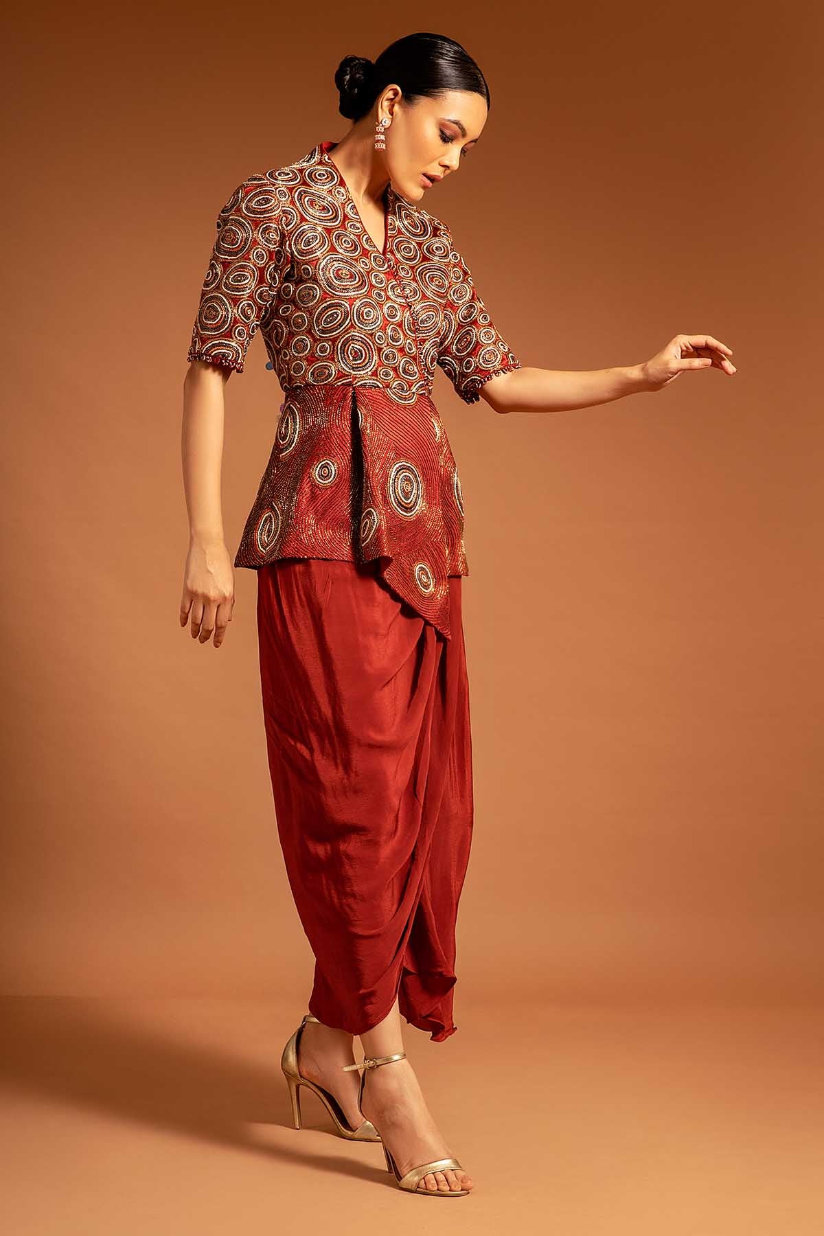 Maroon Ajrakh Print Drape Dress