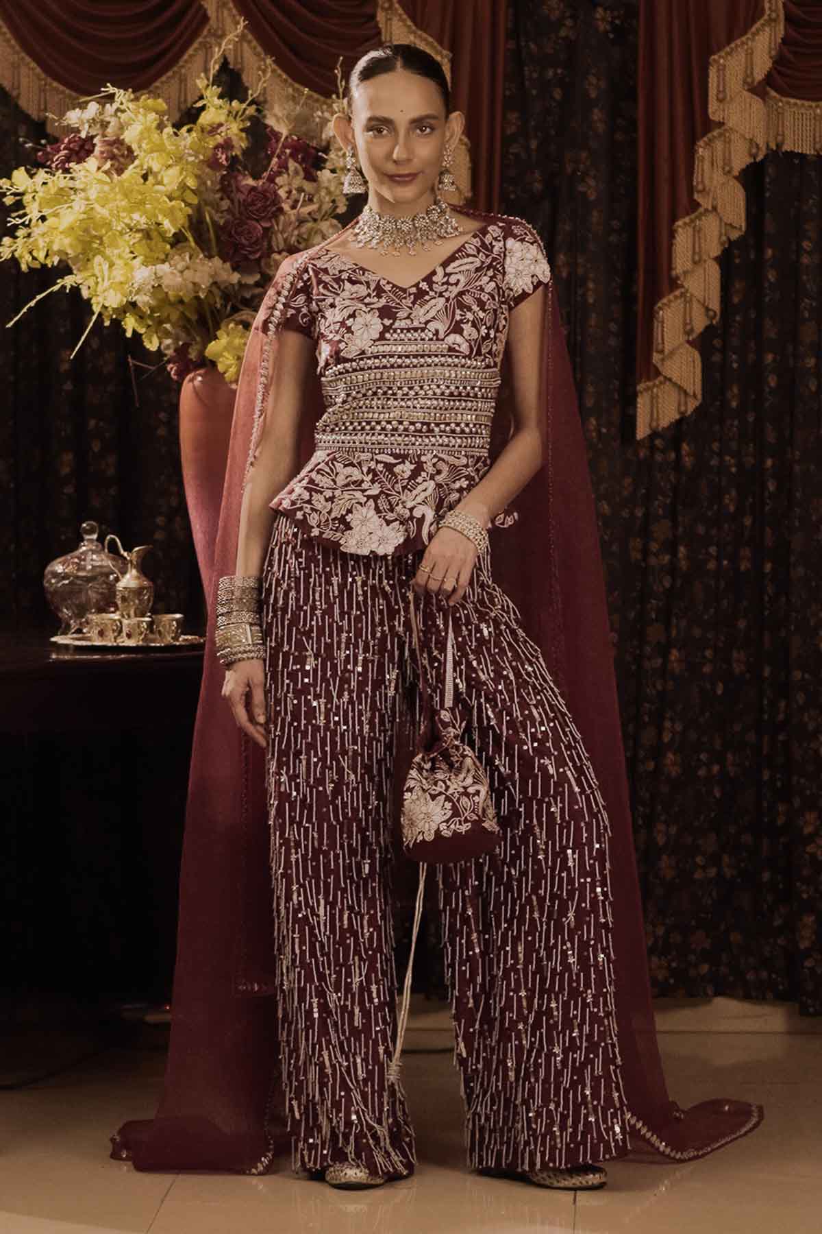 Maroon Applique Indo-Western Set