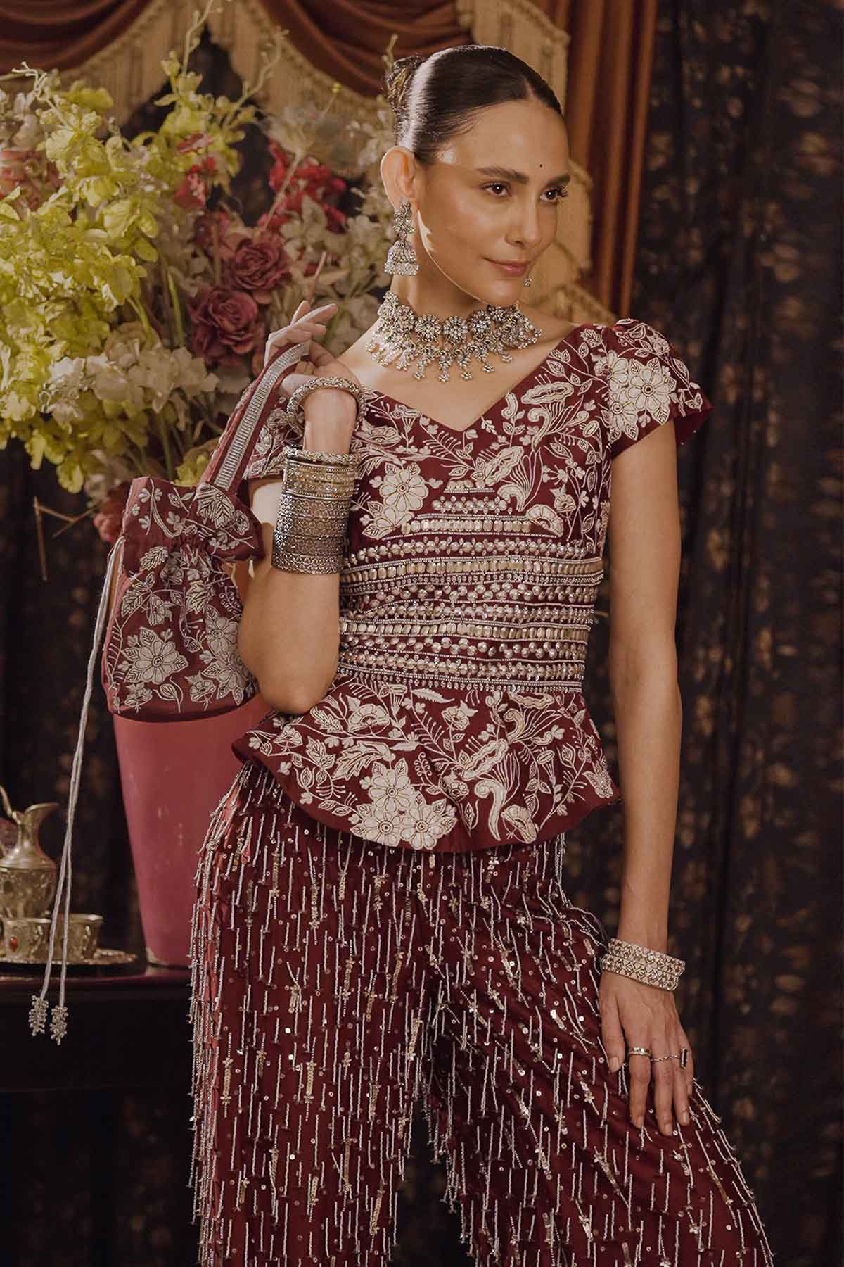 Maroon Applique Indo-Western Set