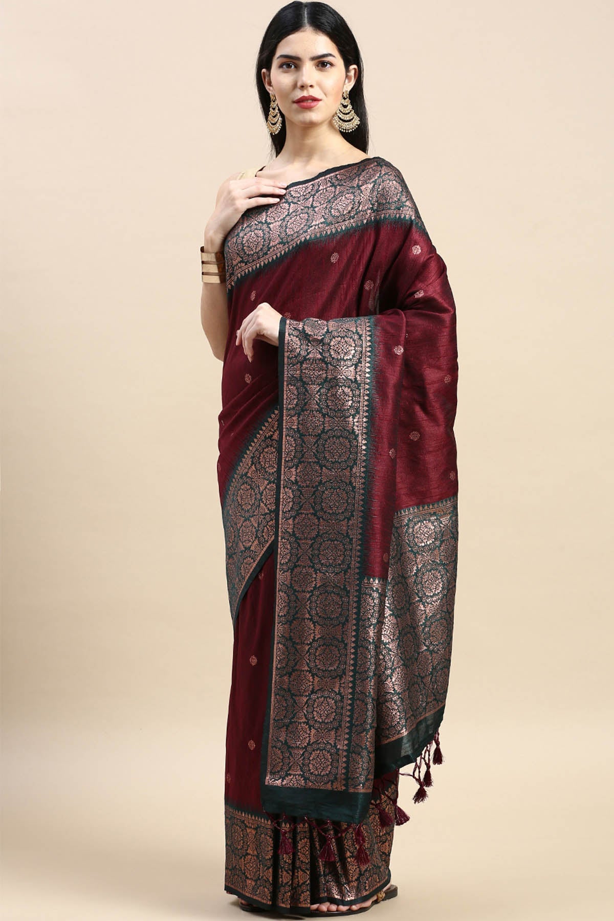 Buy Maroon Banarasi Silk Zari Saree by Lili Lala for women online at ScrollnShops