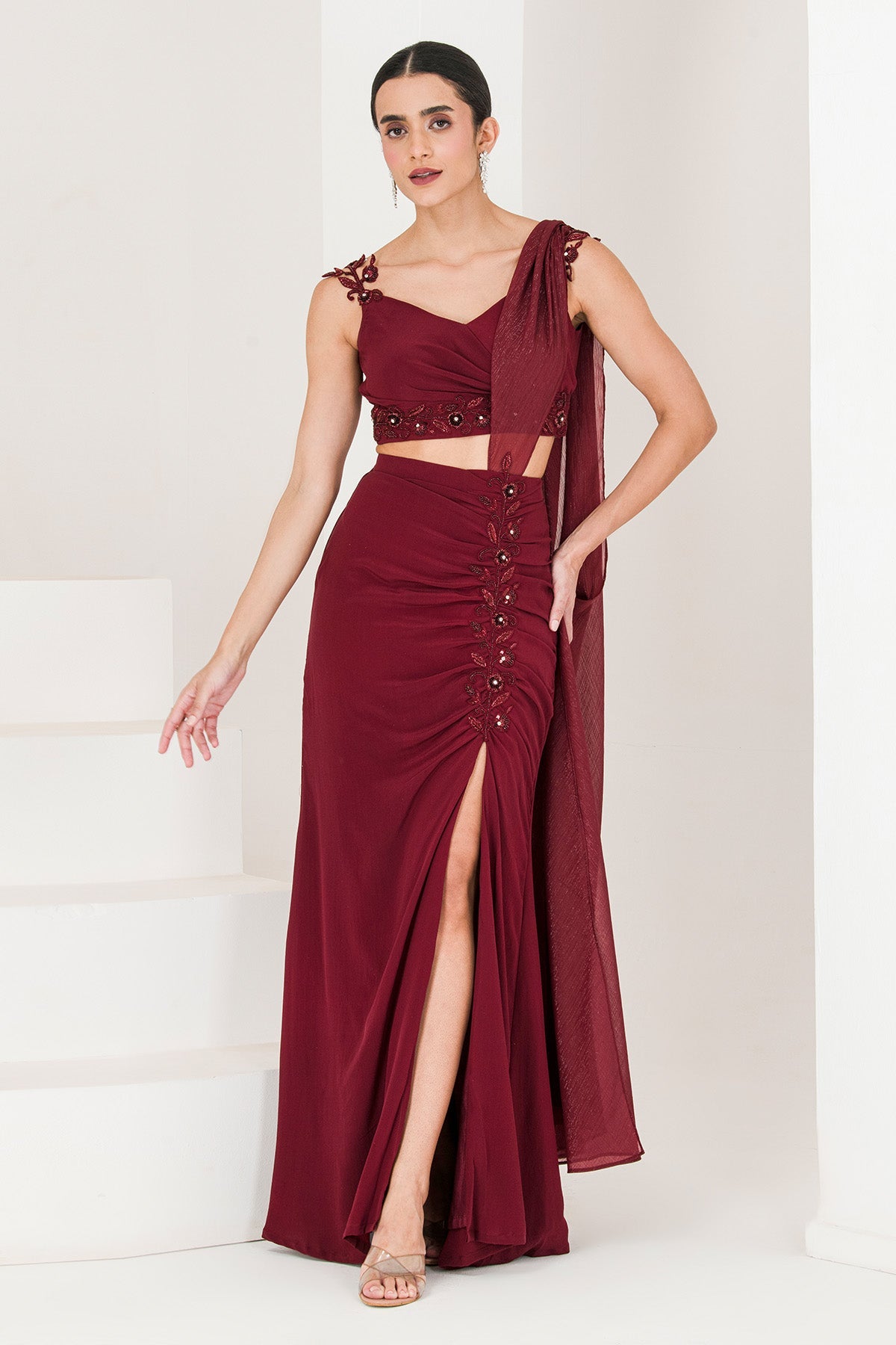 Buy Maroon Beads Pre-Stitched Saree by The Maive for women online at ScrollnShops