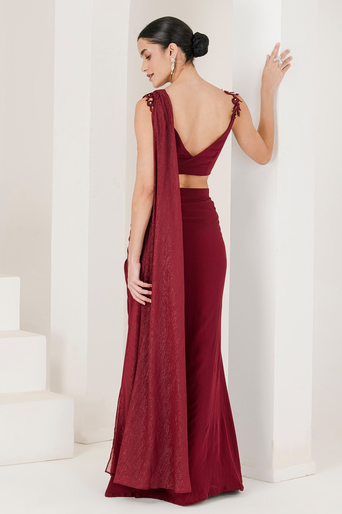 Maroon Beads Pre-Stitched Saree