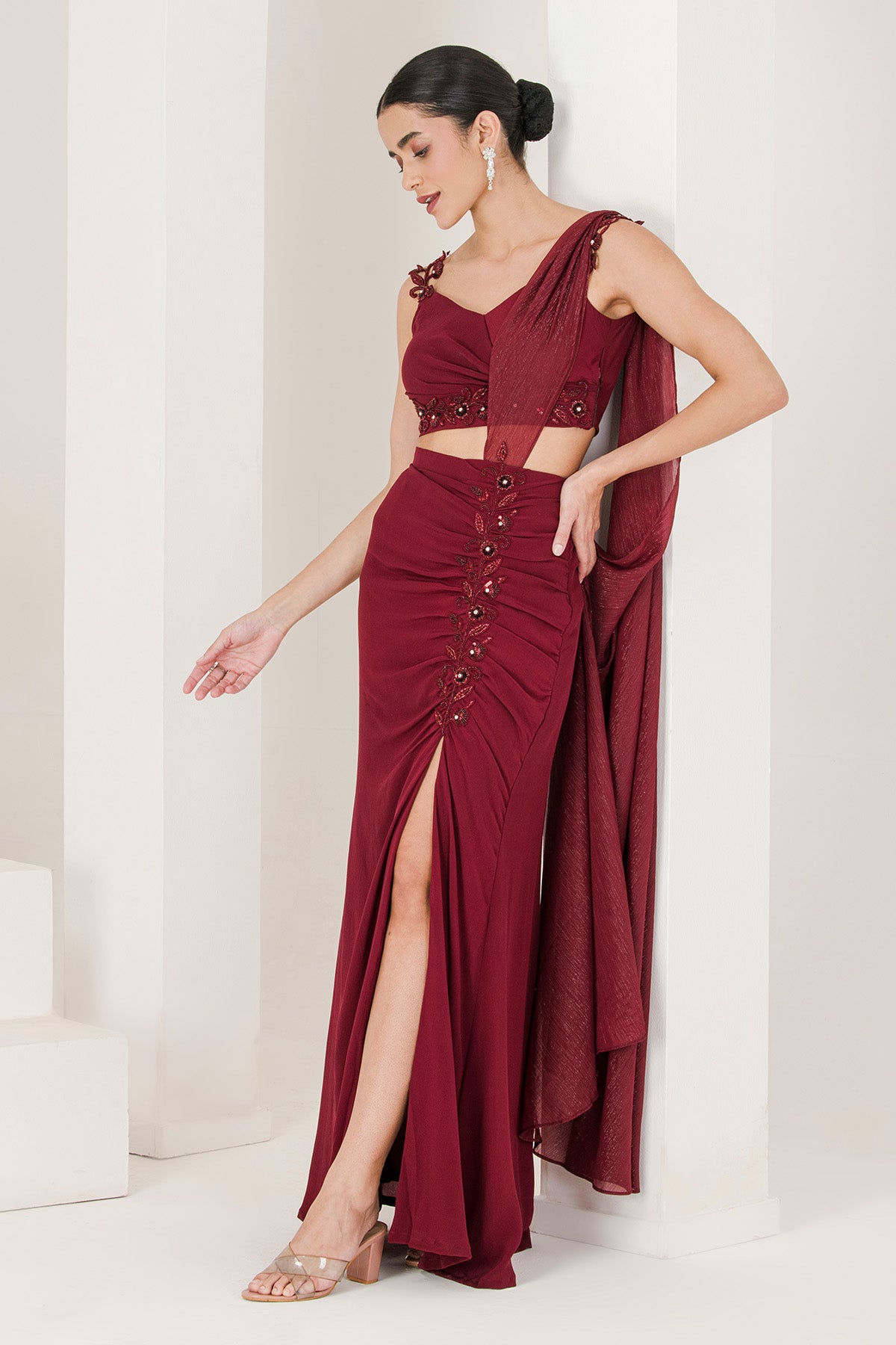 Maroon Beads Pre-Stitched Saree