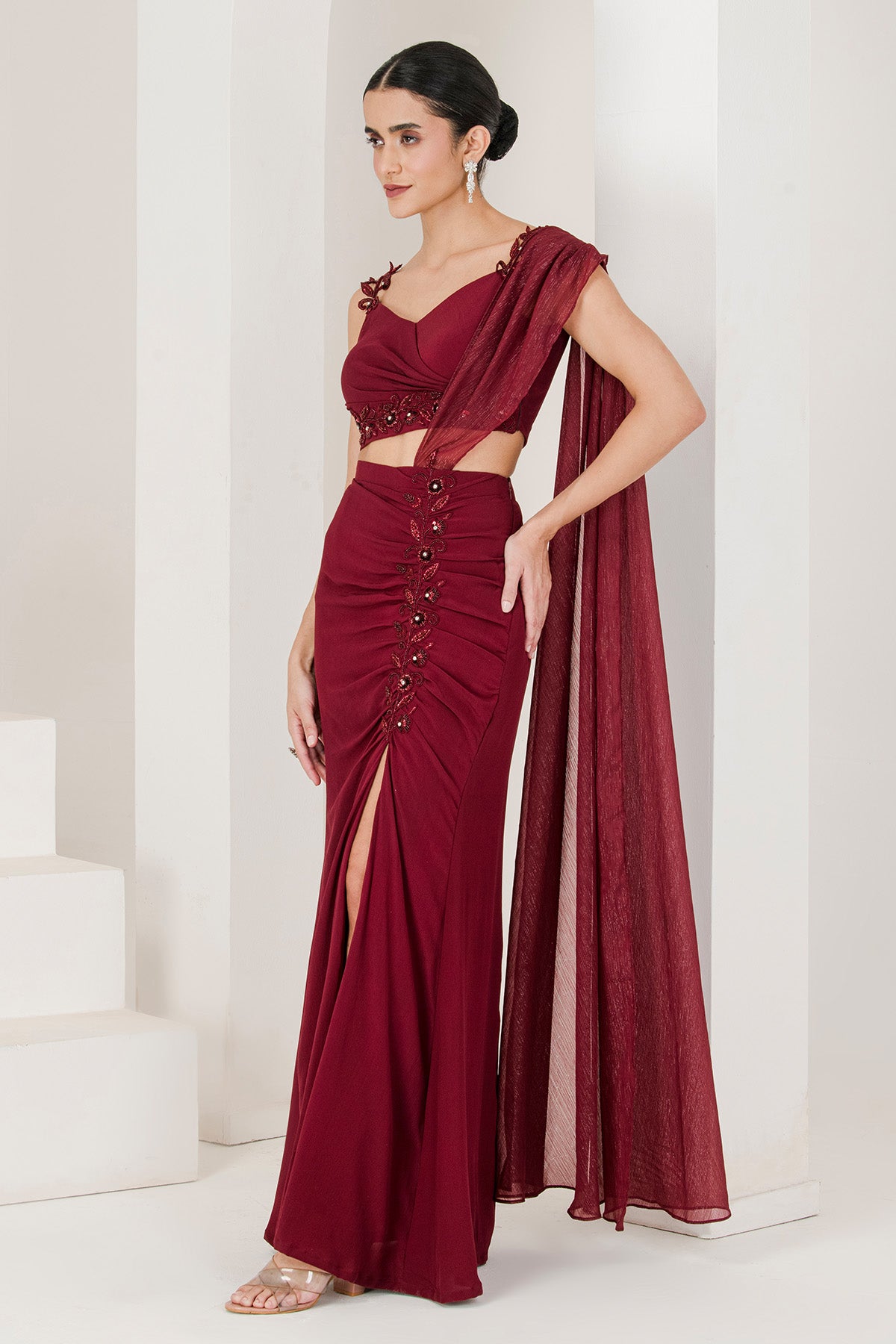 Maroon Beads Pre-Stitched Saree
