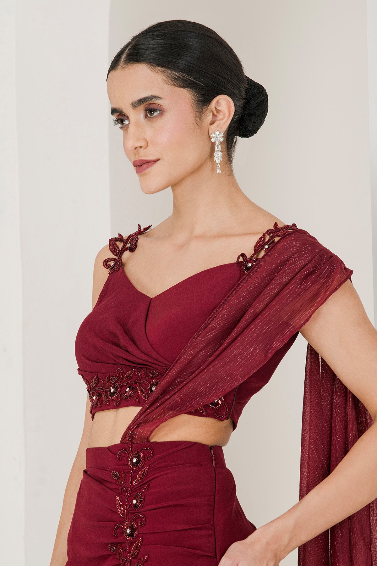 Maroon Beads Pre-Stitched Saree