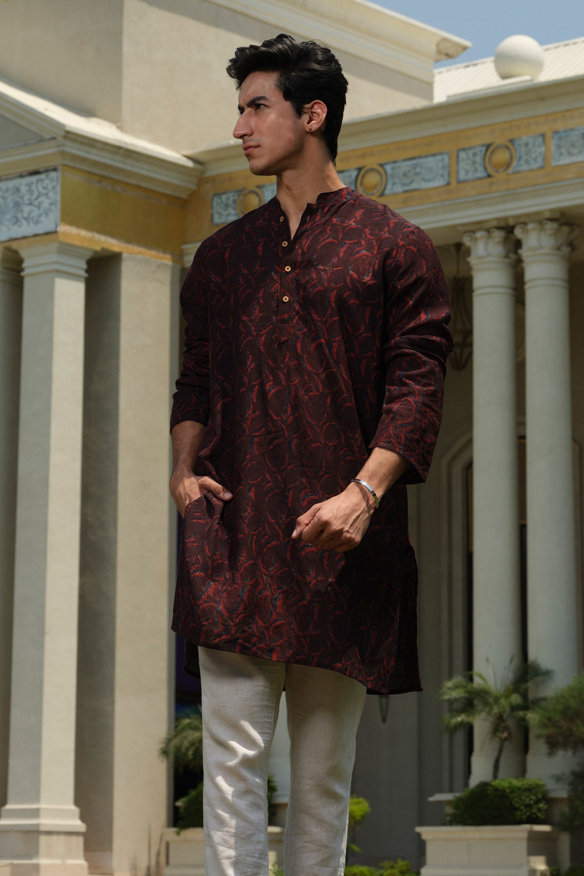 Buy Maroon Block Printed Short Kurta by Vasudhaa Vastrram for men online at ScrollnShops