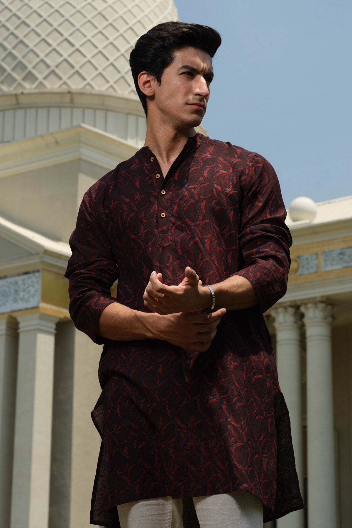Maroon Block Printed Short Kurta