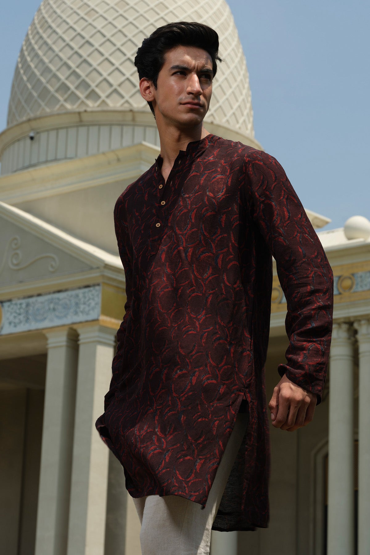 Maroon Block Printed Short Kurta