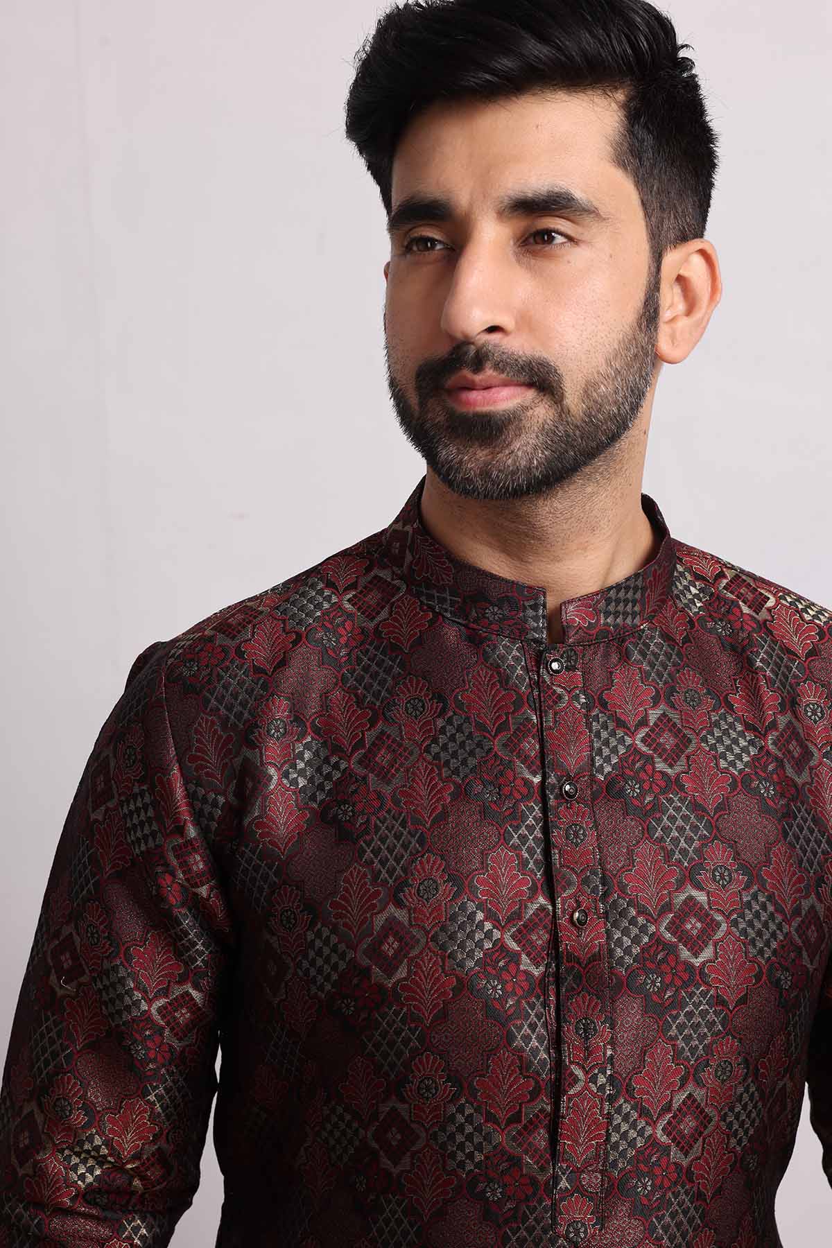 Maroon Brocade Silk Blend Kurta
