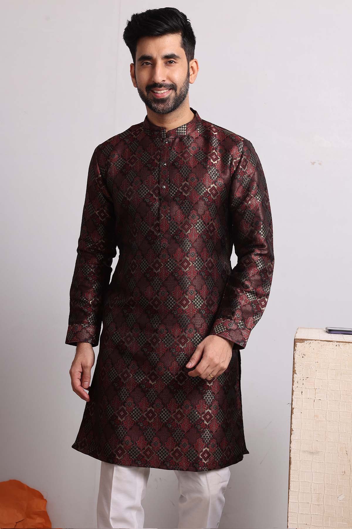 Maroon Brocade Silk Blend Kurta