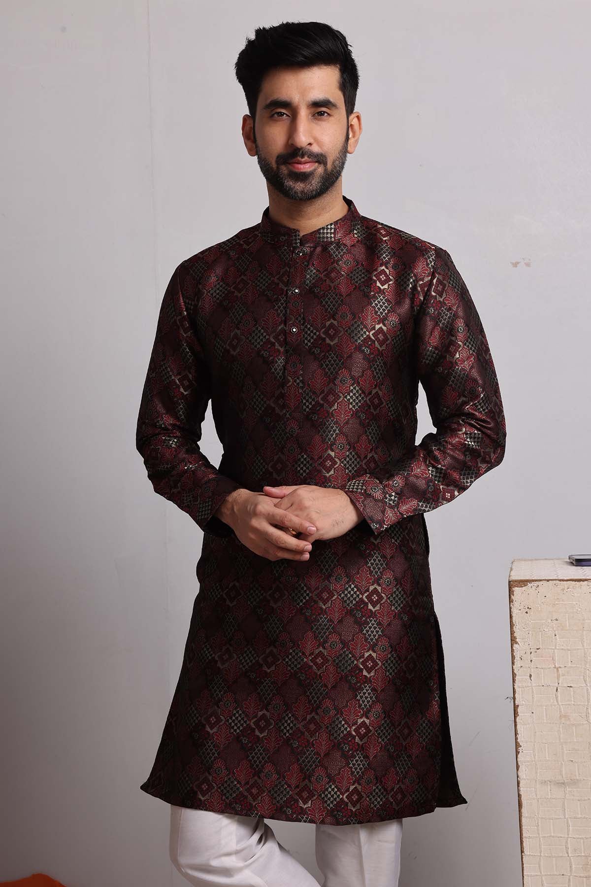 Maroon Brocade Silk Blend Kurta