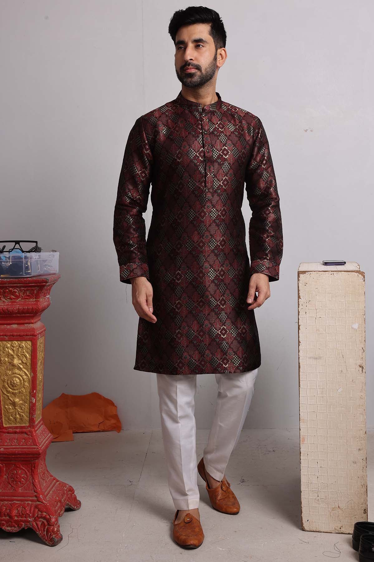 Buy Maroon Brocade Silk Blend Kurta by SNEHA B - Men for men online at ScrollnShops