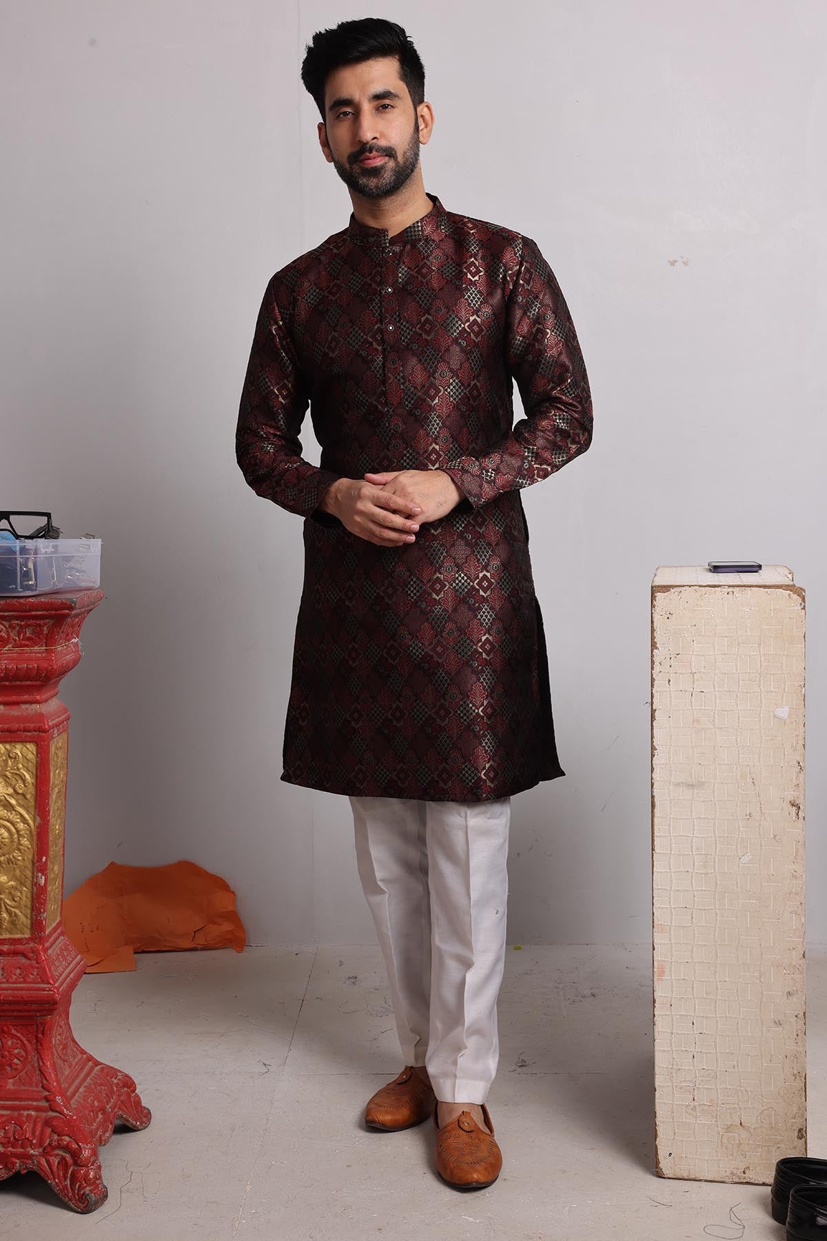 Maroon Brocade Silk Blend Kurta