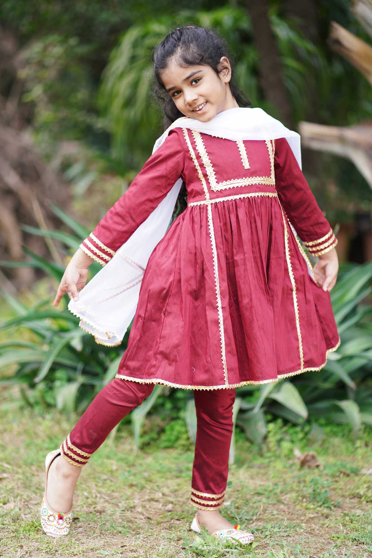 Designer ViYa Maroon Contrast Lace Embellished Kurta Set For Kids Available online at ScrollnShops